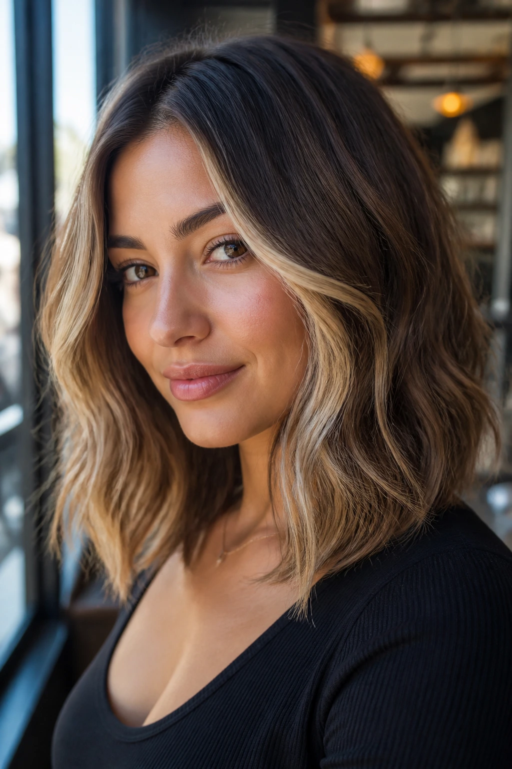 Close-up portrait of a real woman with money-piece lob highlighting face-framing lighter pieces in soft waves