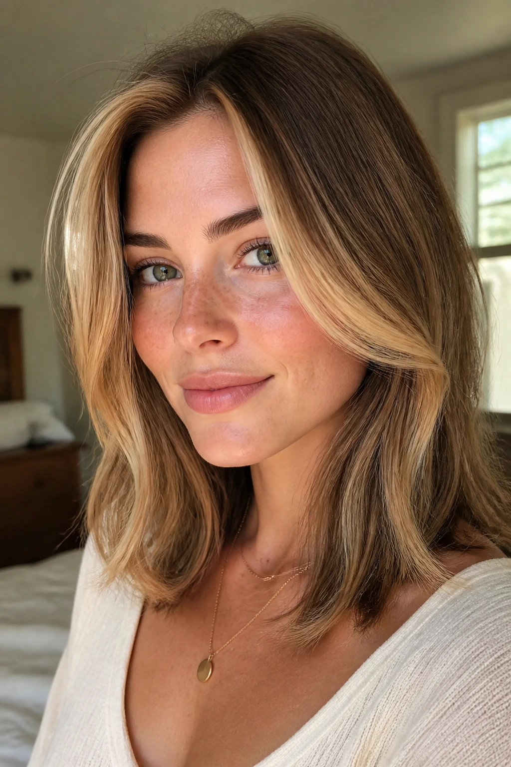 Close-up portrait of a real woman with a mid-length cut featuring warm money pieces framing the face