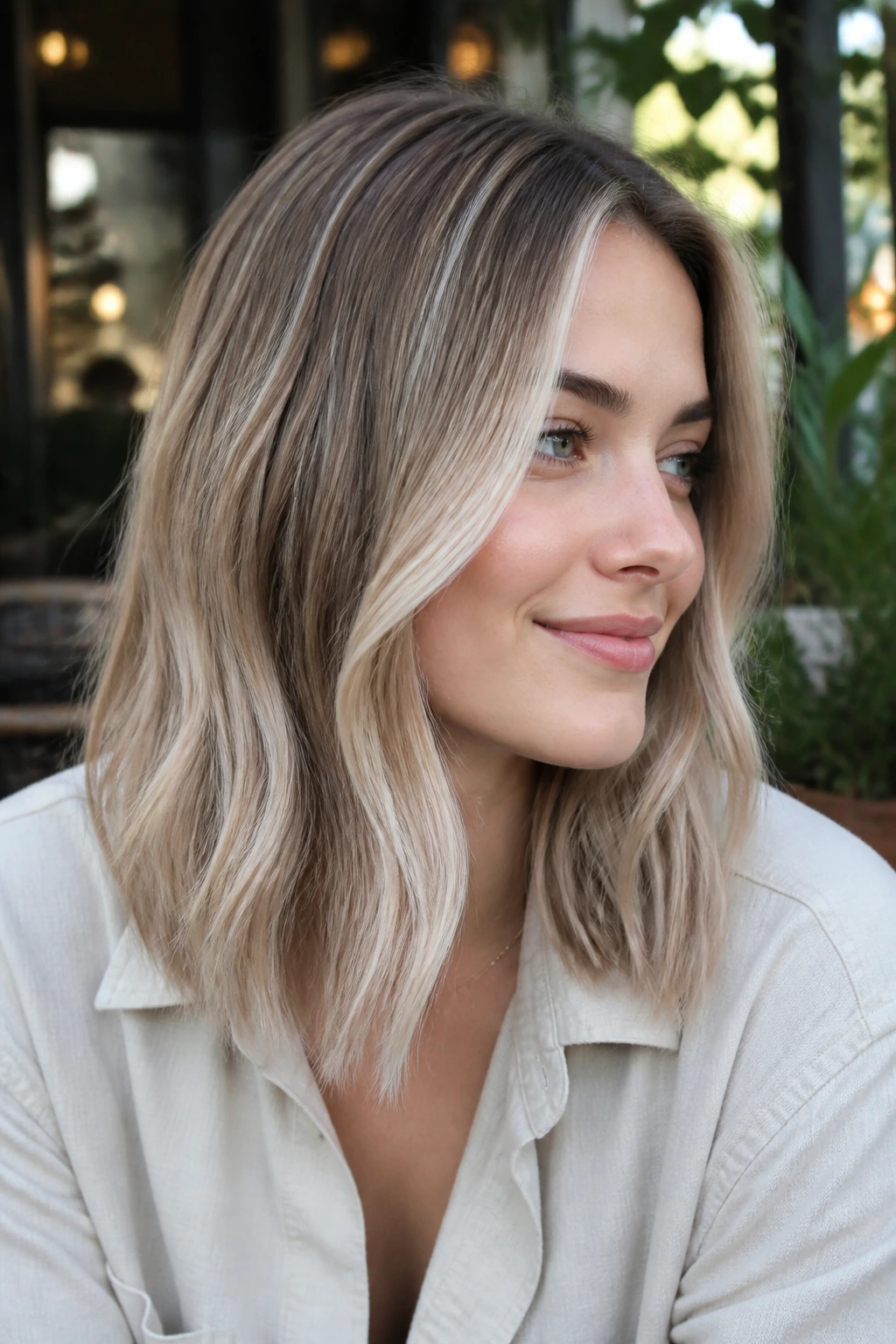 Portrait of a real person showing icy beige-ash money piece on midlength cut