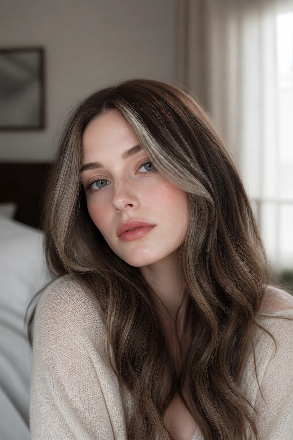 Close-up of a real woman with a soft mushroom brown money piece framing the eyes.