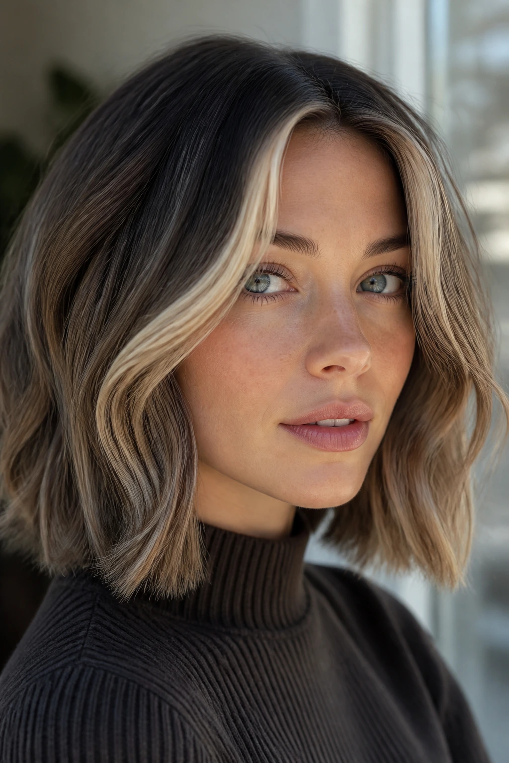 Brunette base with light money piece near face on bob