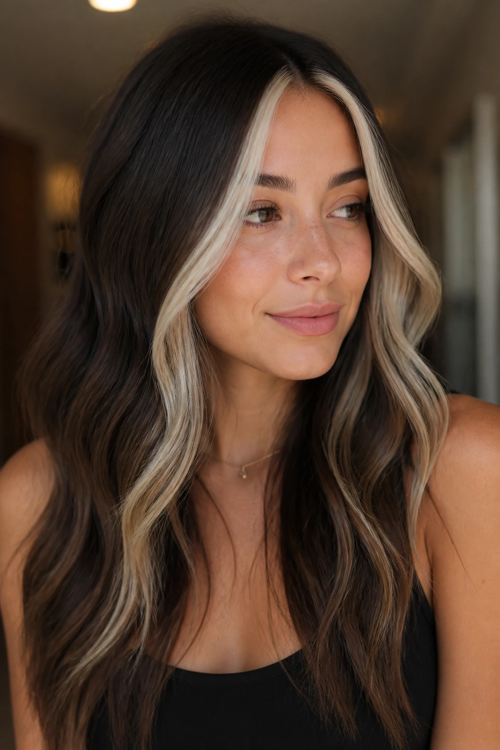 Close-up of long brunette hair with pale platinum face-framing pieces and a shadowed crown