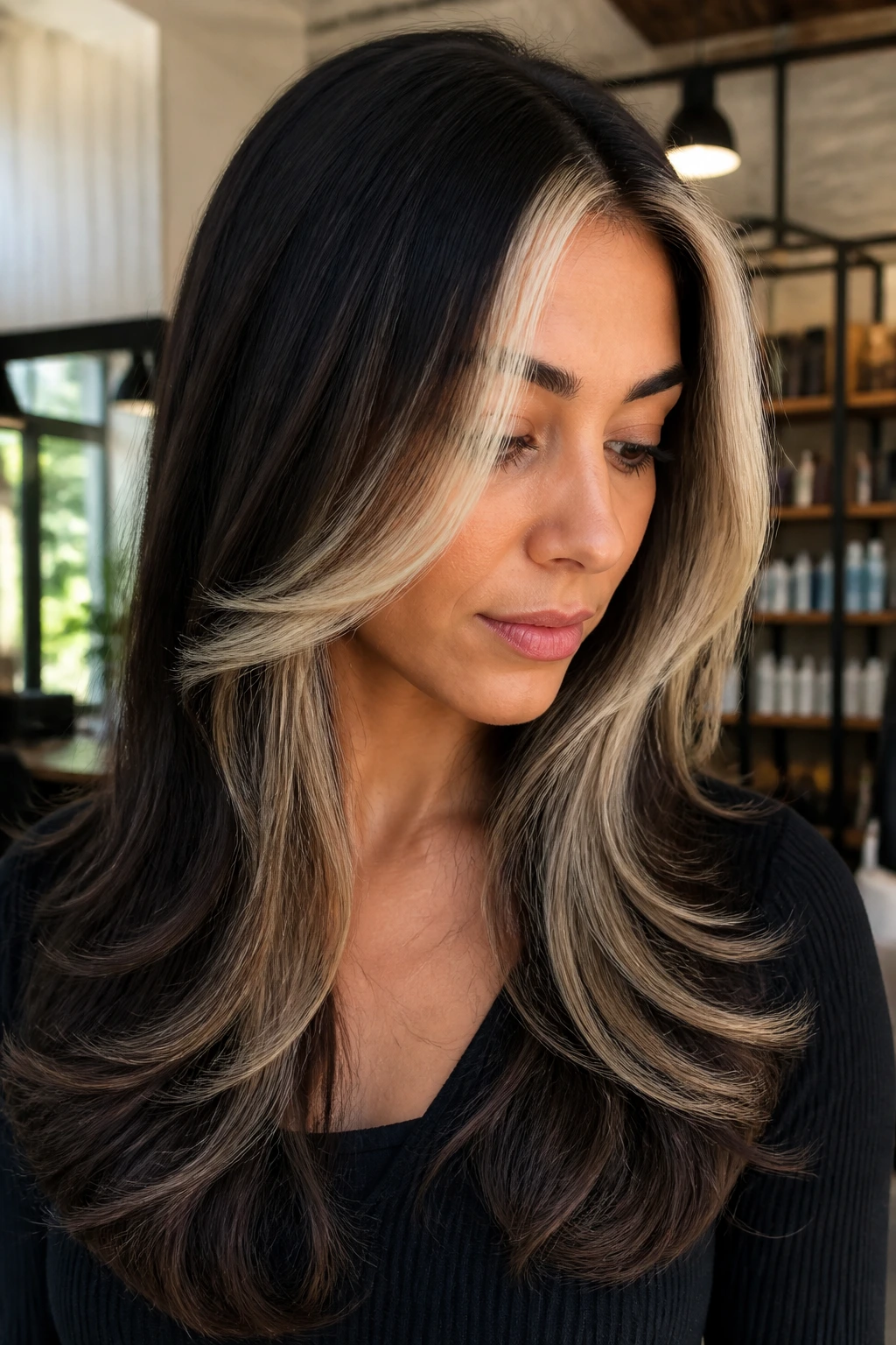 Portrait of a person with icy platinum money piece at the front and darker rest of hair.