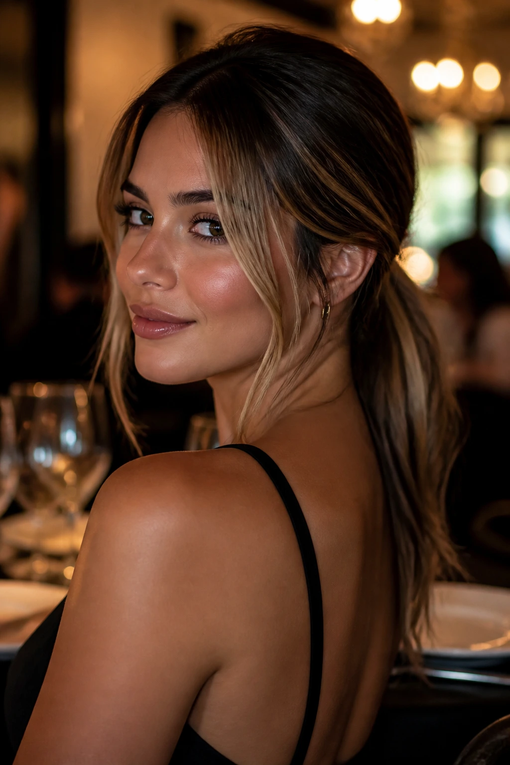 Portrait of a woman with low ponytail and front money pieces in warm lighting