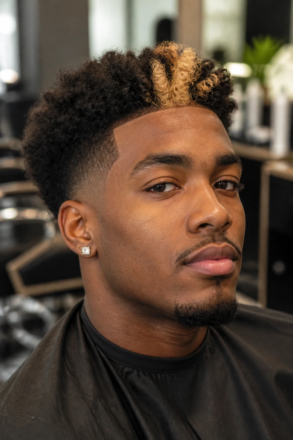 Portrait of a man showing a money piece front panel in a barbershop setting