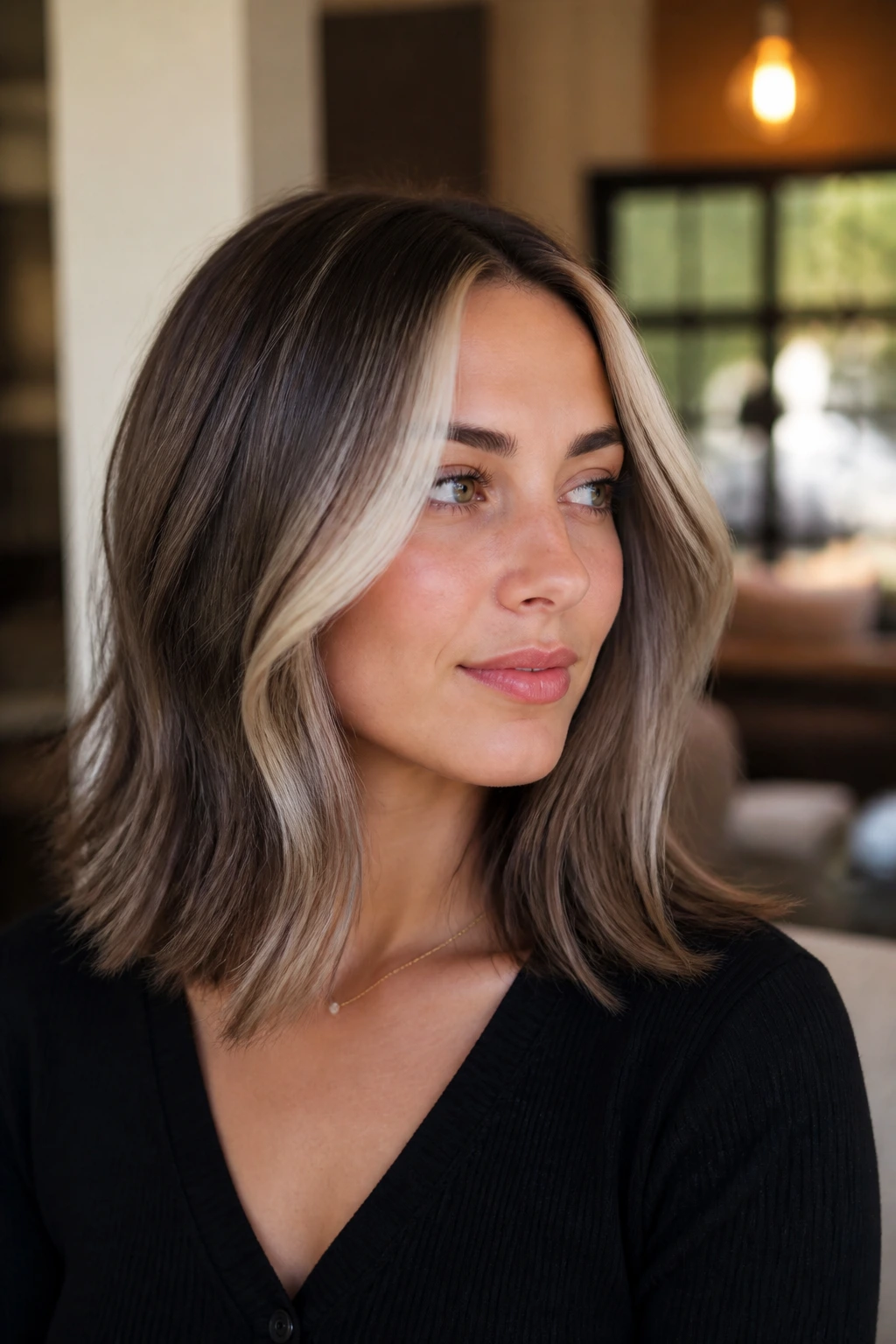 Close-up of a real woman with a face-framing money piece on shoulder-length hair.