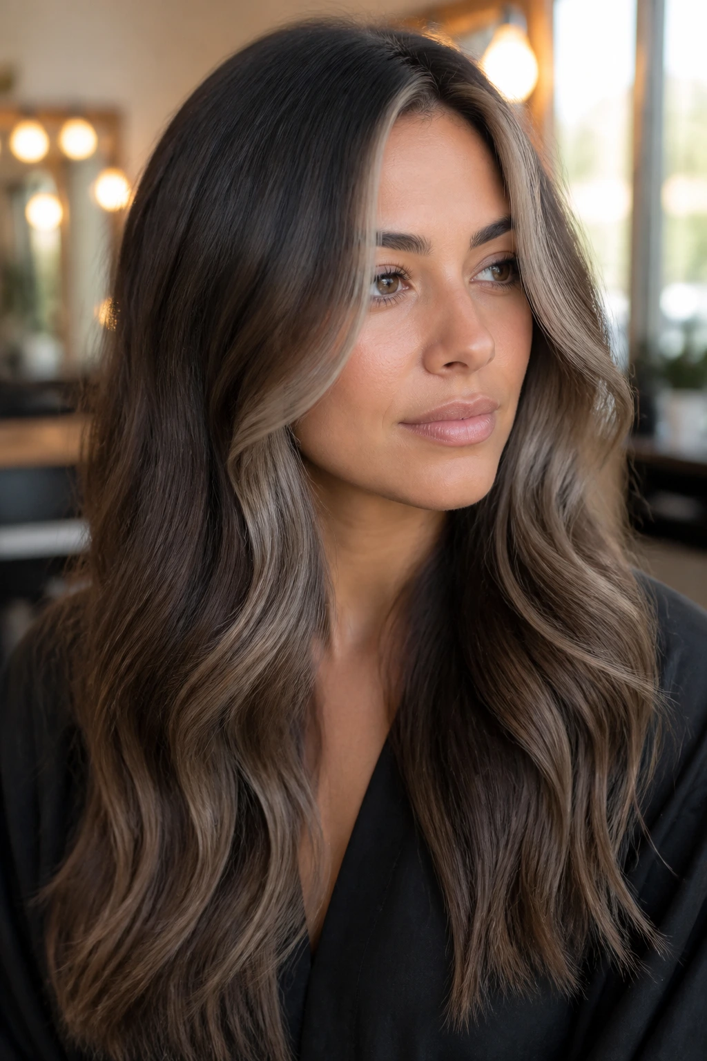 Real woman with smoky mocha money piece front highlights.