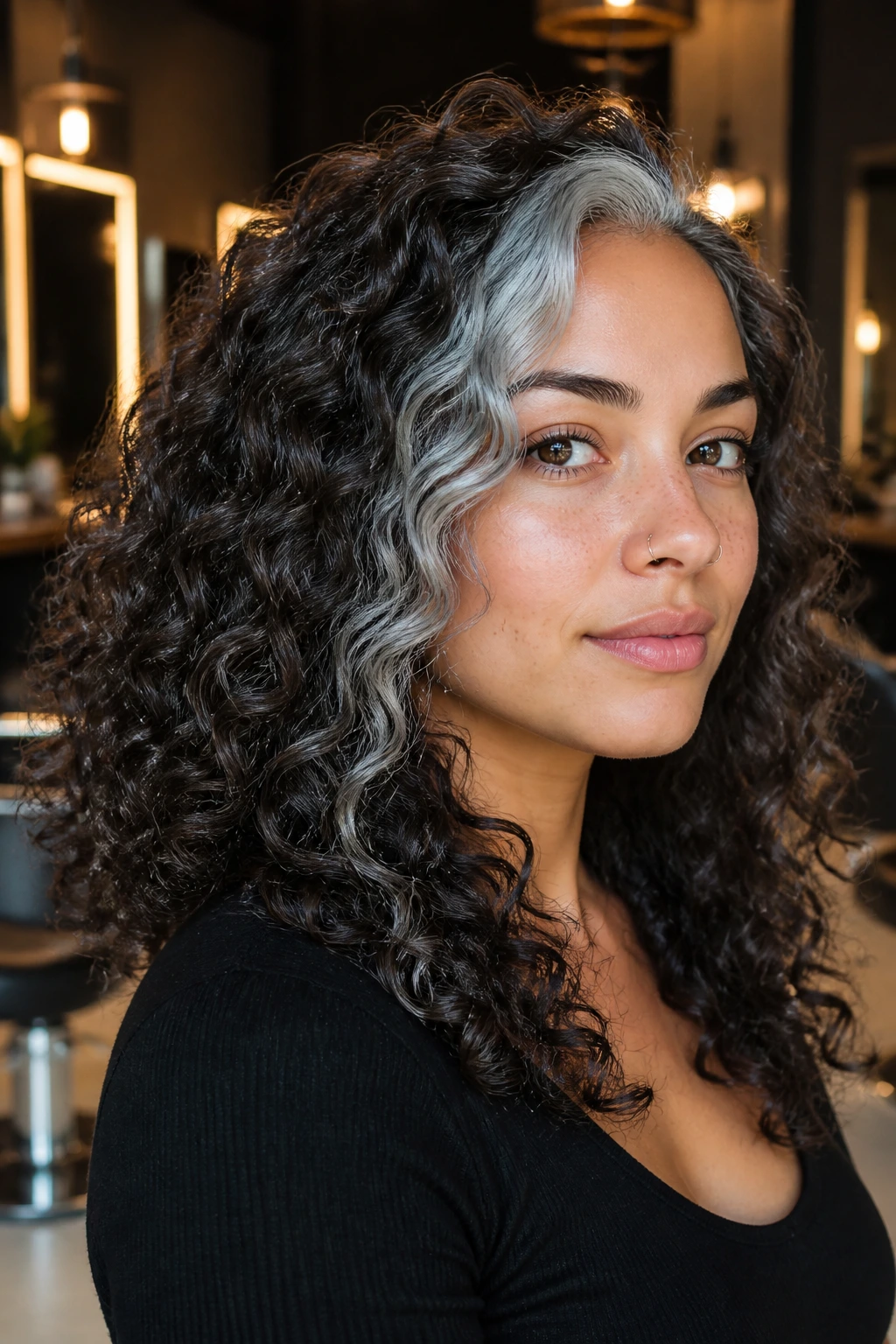 Close-up of steel gray money piece on brunette curls framing the face