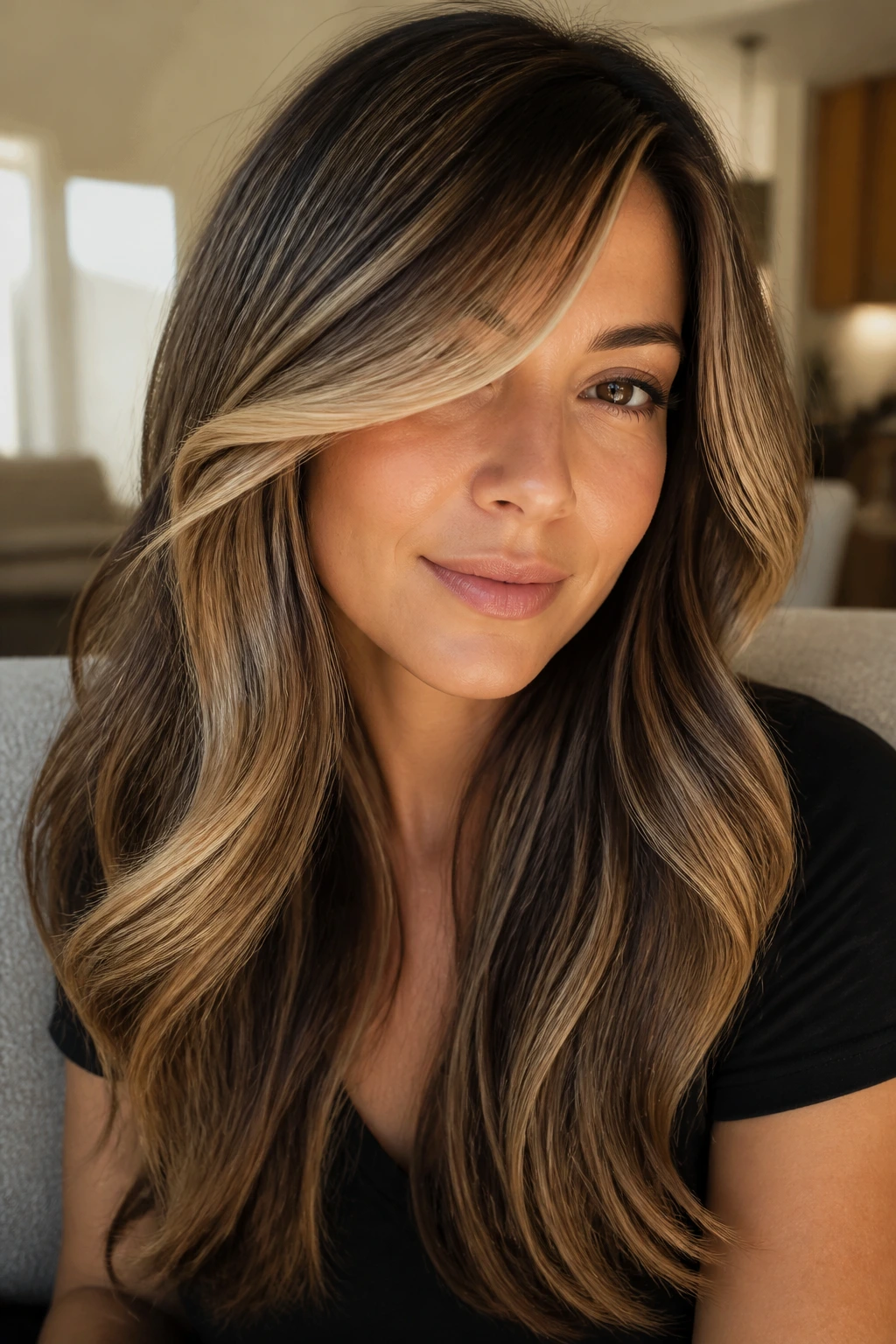 Close-up of a real woman with money-piece sweep front pieces and blended long layers
