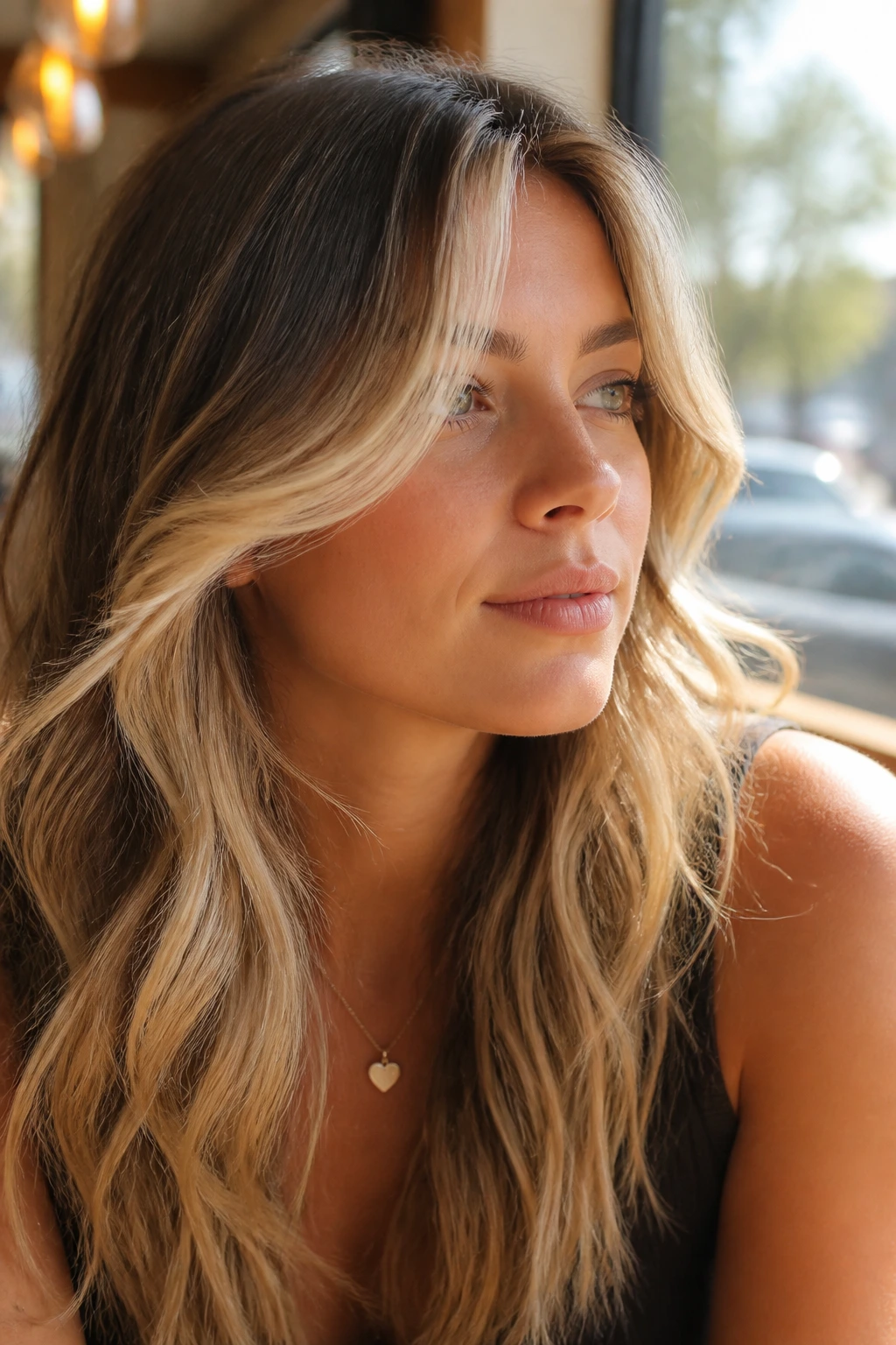 Close-up of a real woman with money-piece swoop bangs and bright front panels