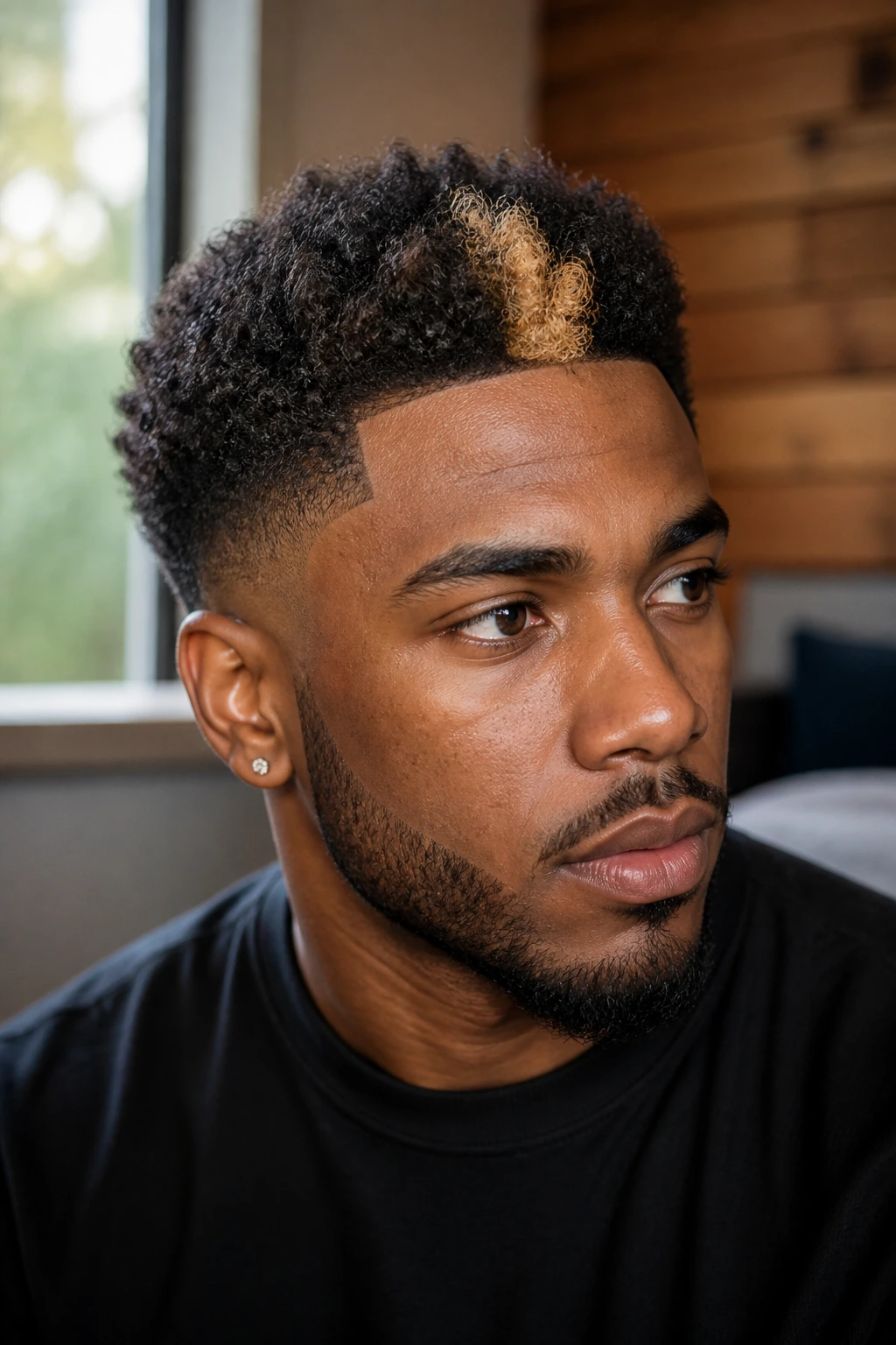 Close-up portrait of a real Black man with a textured money-piece highlight at the front hairline.