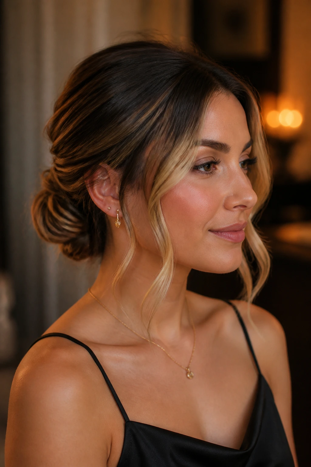 Portrait of a real woman wearing a low chignon with money pieces framing her face.