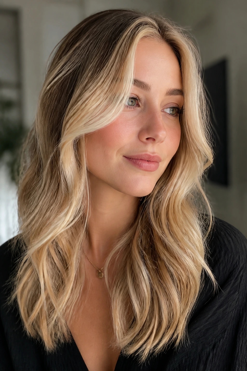 Portrait of a real woman with face-framing money-piece waves in blonde