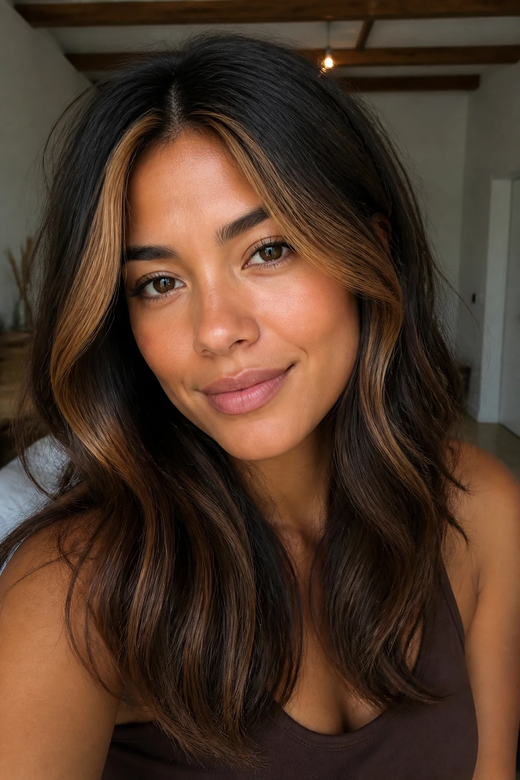 Close-up portrait showing face-framing caramel money pieces around cheeks.