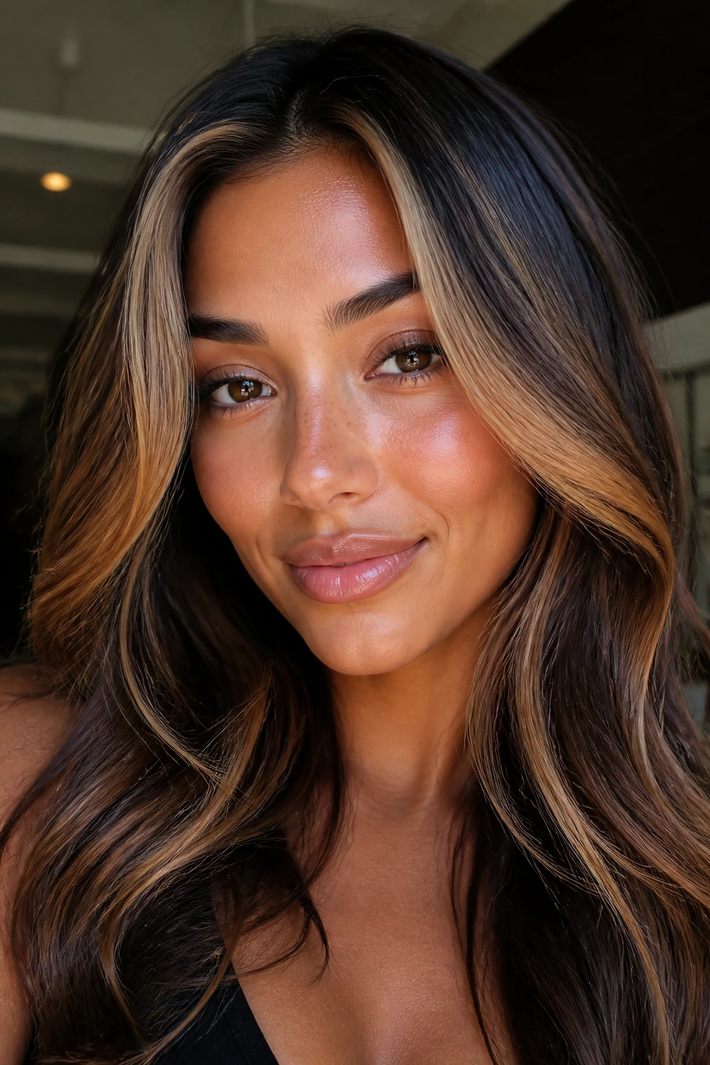 Face-framing honey money pieces highlight around the eyes on a tan-skinned person