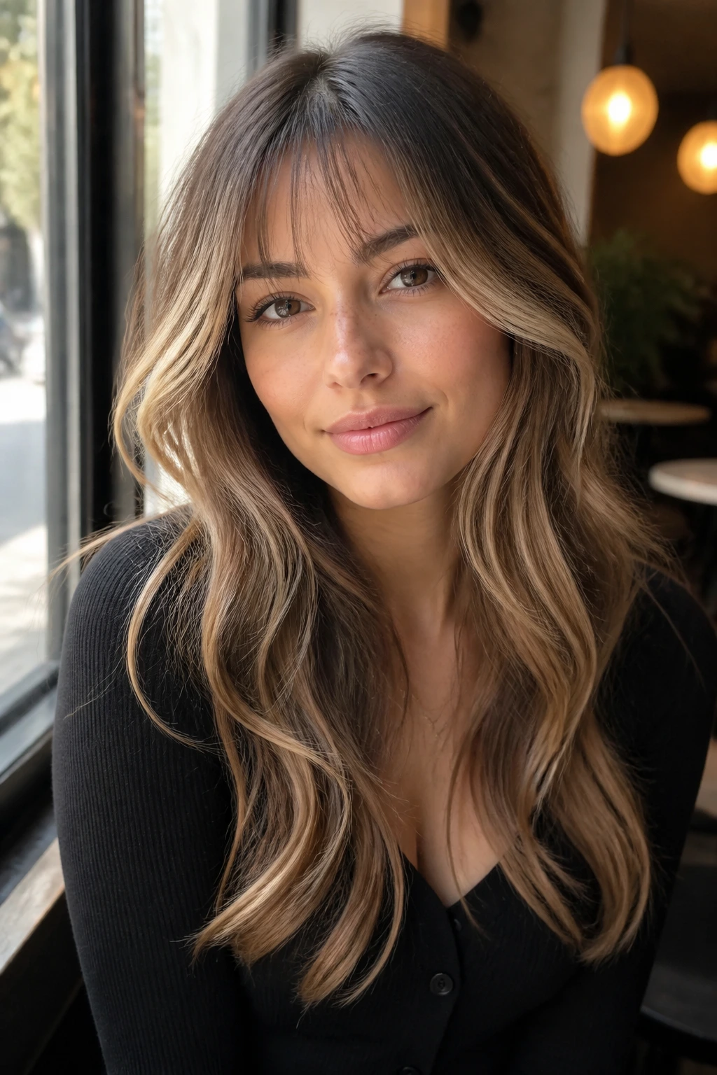 Close-up portrait with bright money pieces and airy fringe.