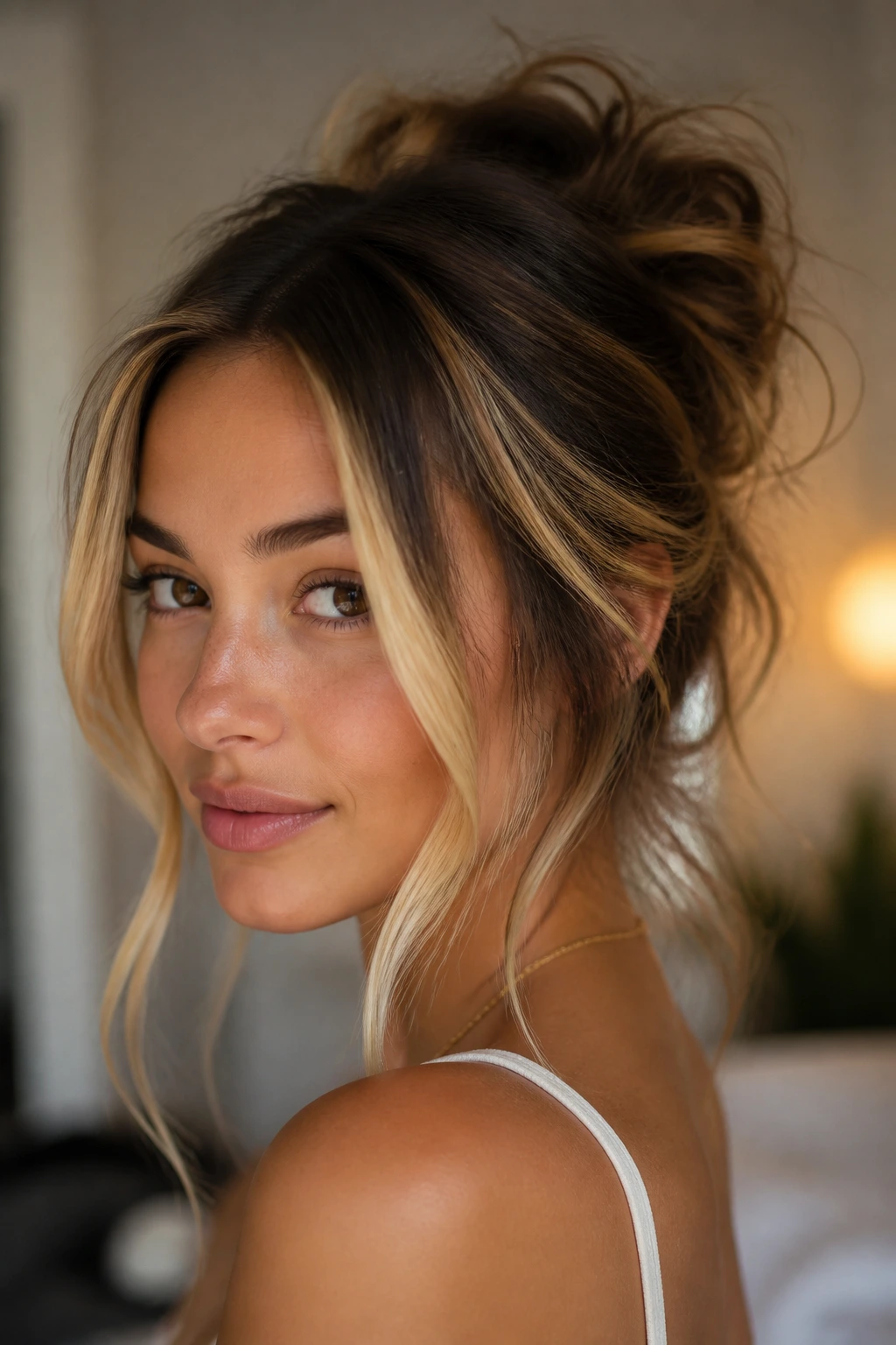 Close-up of money-piece front strands in an undone updo.