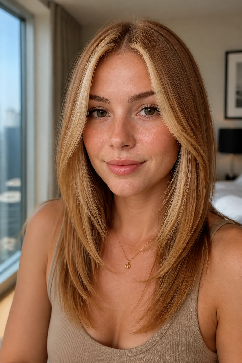 Portrait of a woman with straight layers and golden money pieces framing the face