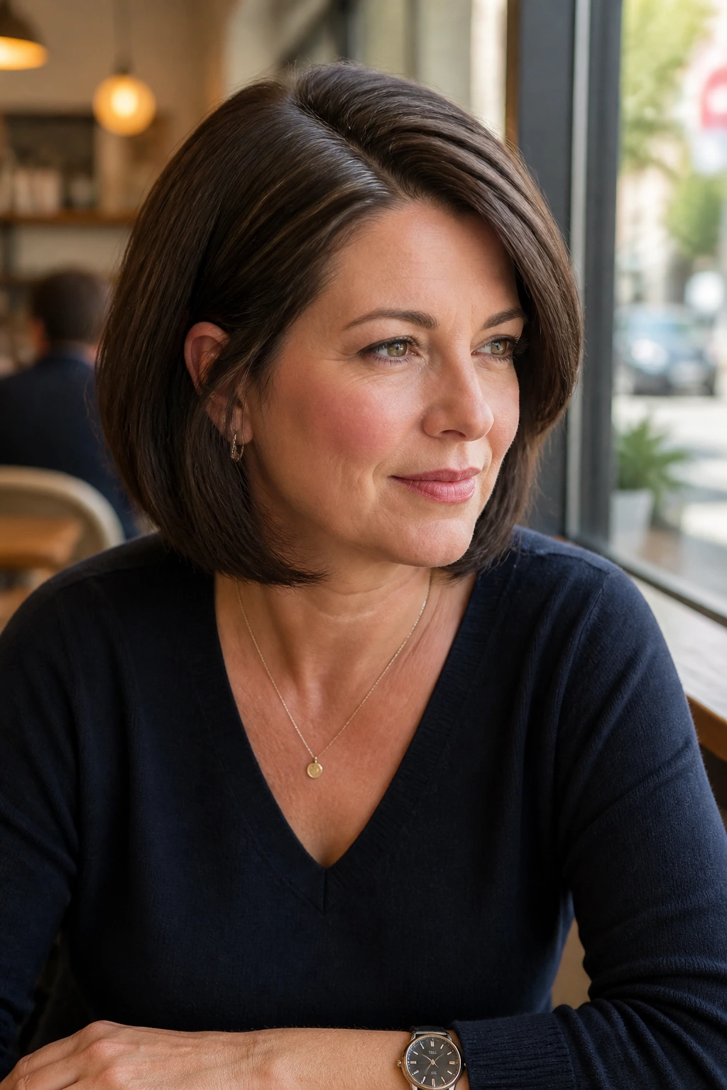 Real woman in a full monofilament bob with a soft side part and natural scalp.