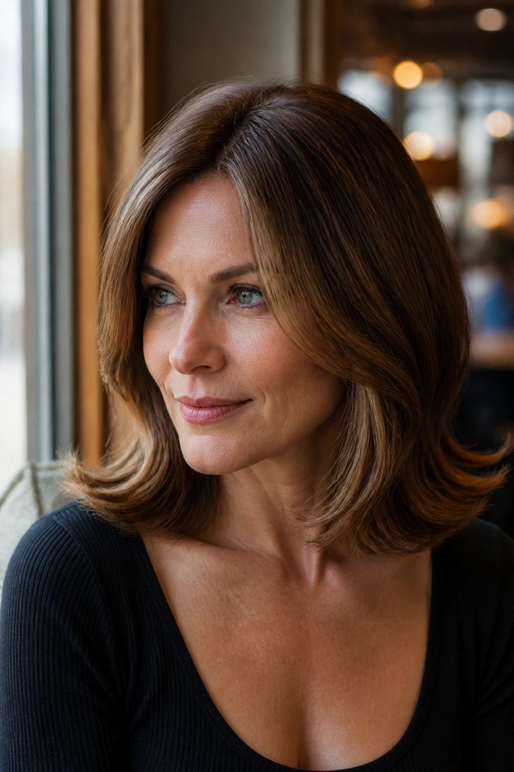 Close-up portrait of a real woman with a collarbone-length monofilament wig and outward flip