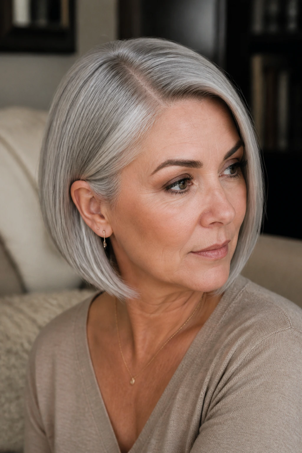 Real woman with sleek monofilament side-part bob