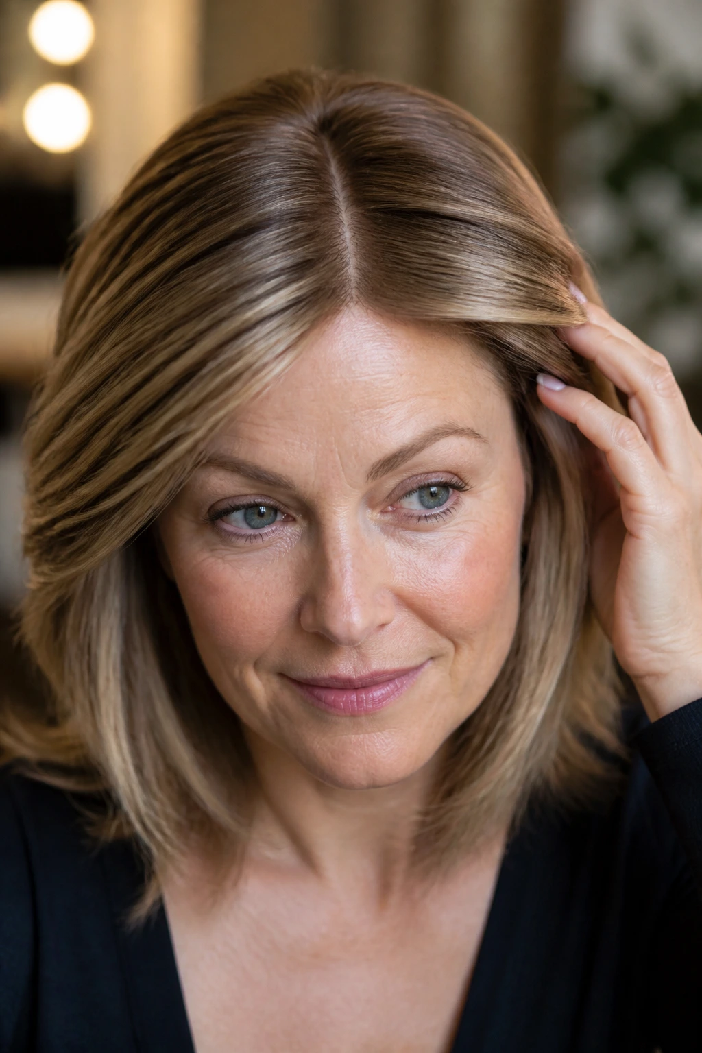 Portrait highlighting a wig's monofilament top and realistic scalp with a natural part