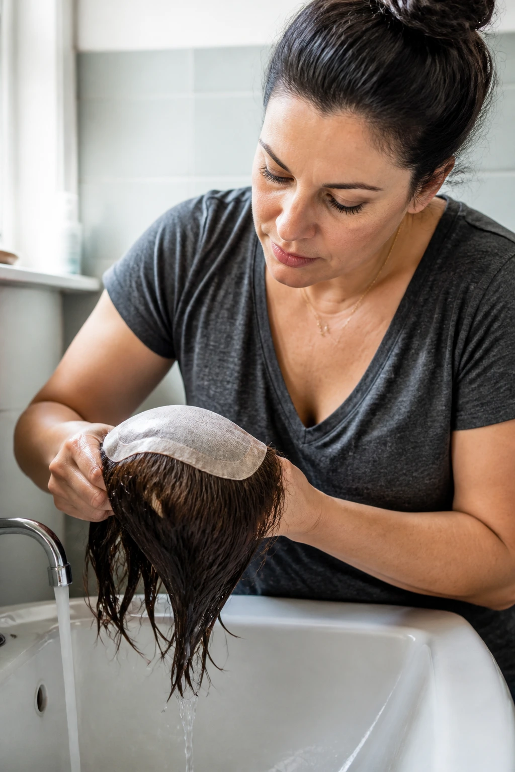 Real person washing a monofilament wig in a bathroom sink, illustrating care and routine maintenance