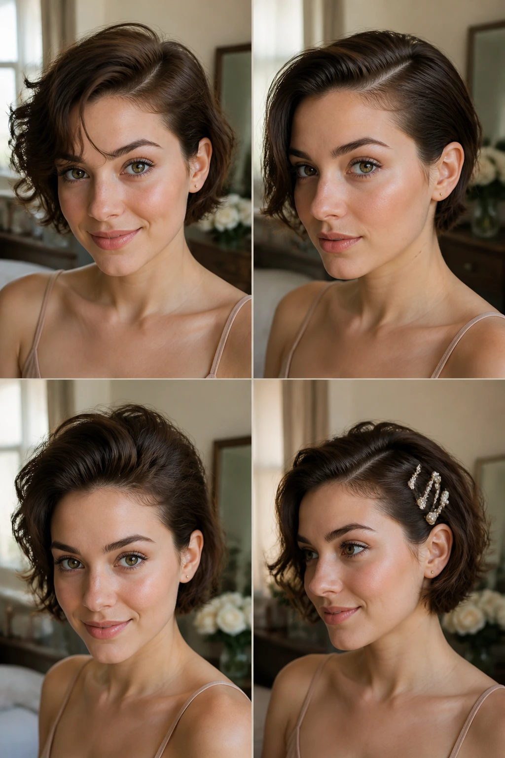 Close-up portrait showing four mood cues in thick short hair within one look.