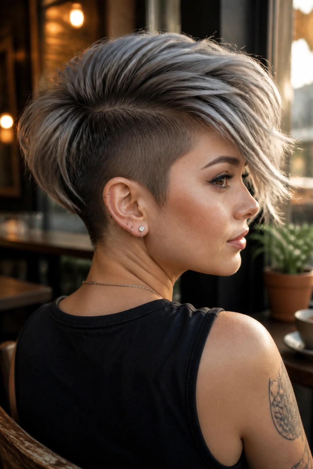 Portrait of a person with moonbeam grey undercut.