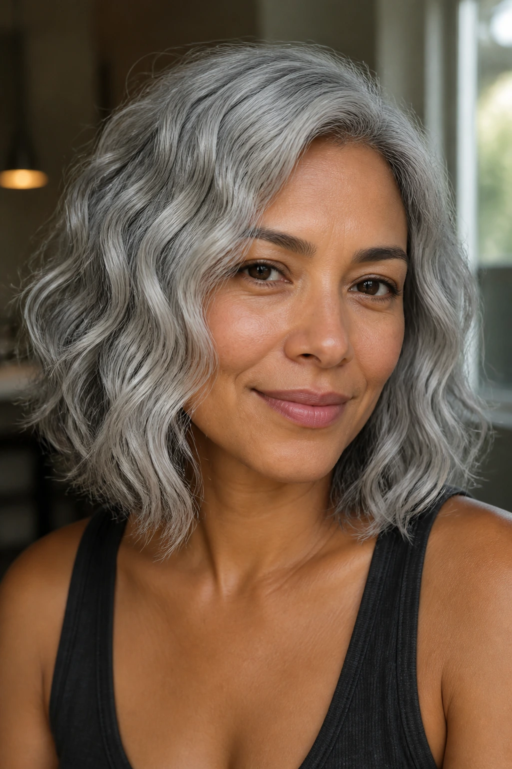 Close-up of a real woman with moonlit ash gray hair in loose curls.