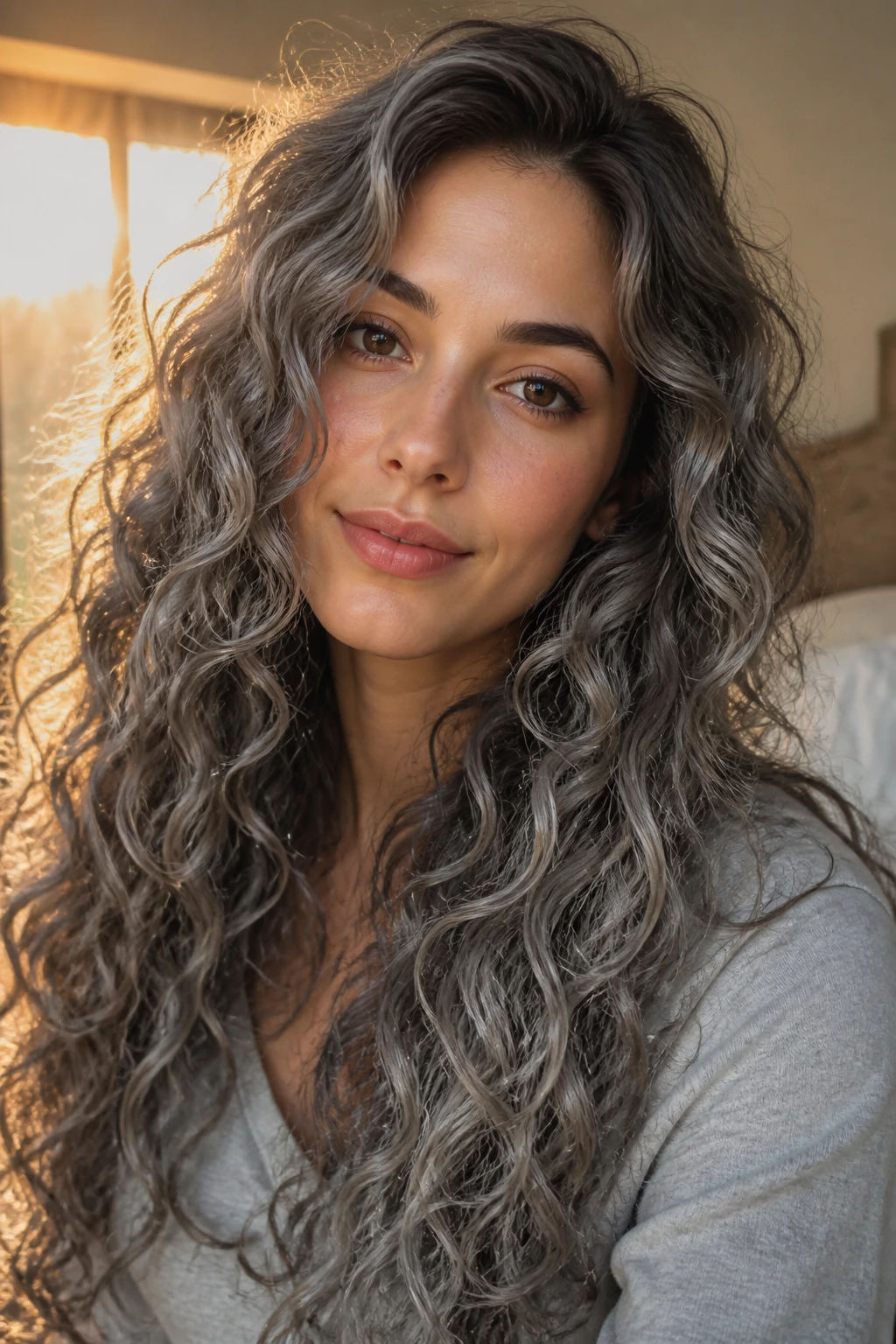 Close-up of a curly brunette with moonlit silver haze