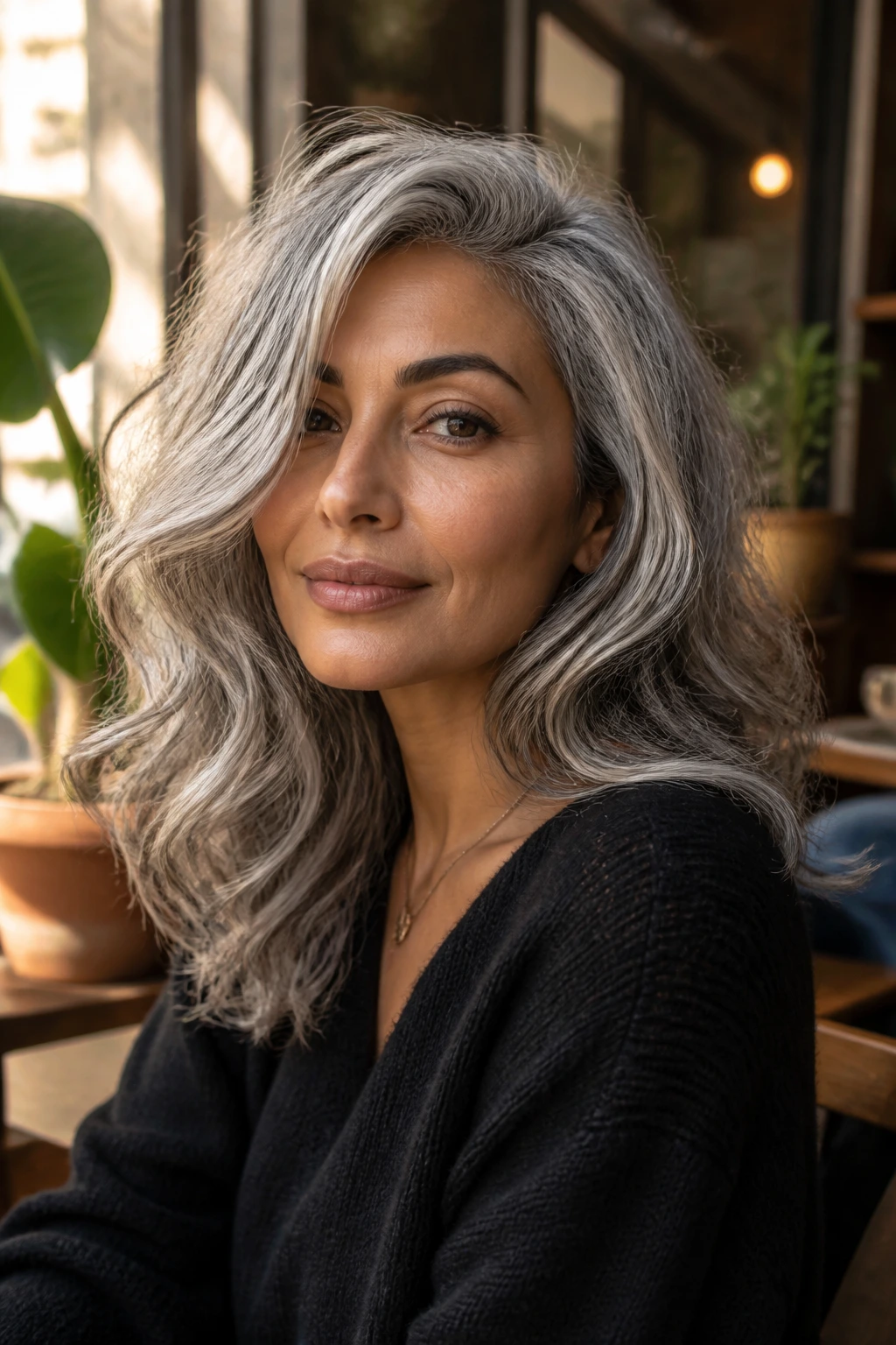 Medium close-up of a woman with moonlit silver waves on olive skin in a cozy window-lit corner.