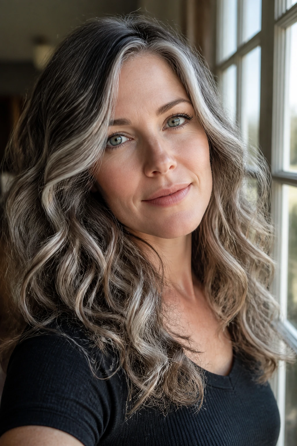 Close-up of a woman with moonstone balayage on loose curls