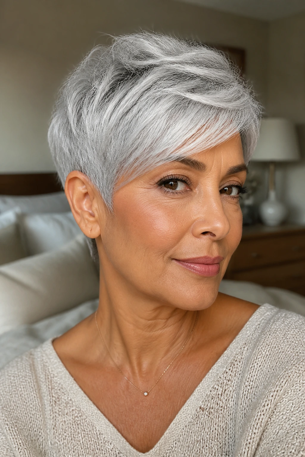 Close-up of a real woman with a Moonstone Gray Crop on medium skin tone.