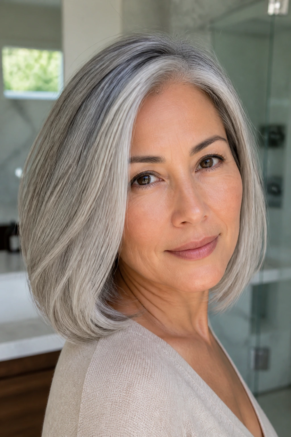 Woman with moonstone grey lob and soft root shading