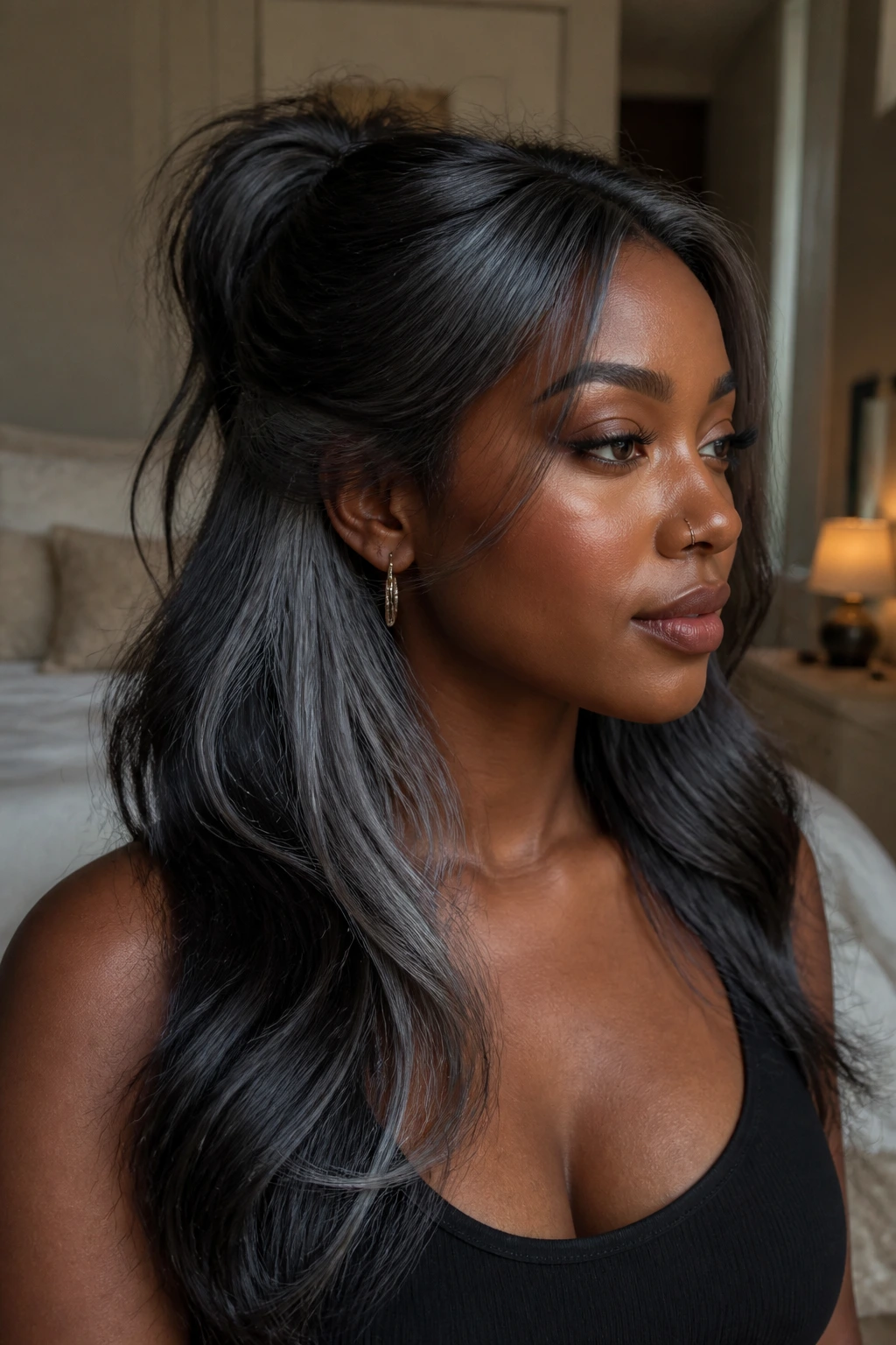 Close-up of a deep-skinned woman showing Moonstone Underlights with pearly gray underlayers