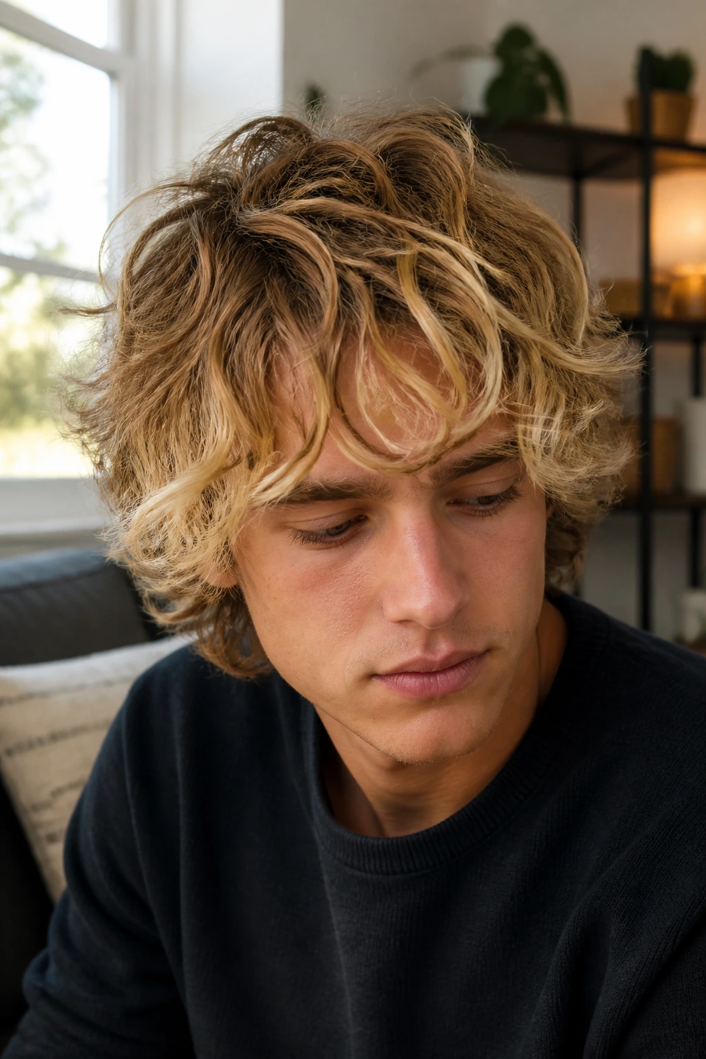 Medium close-up of a man with a wavy curly mop and face-framing blonde in a cozy room