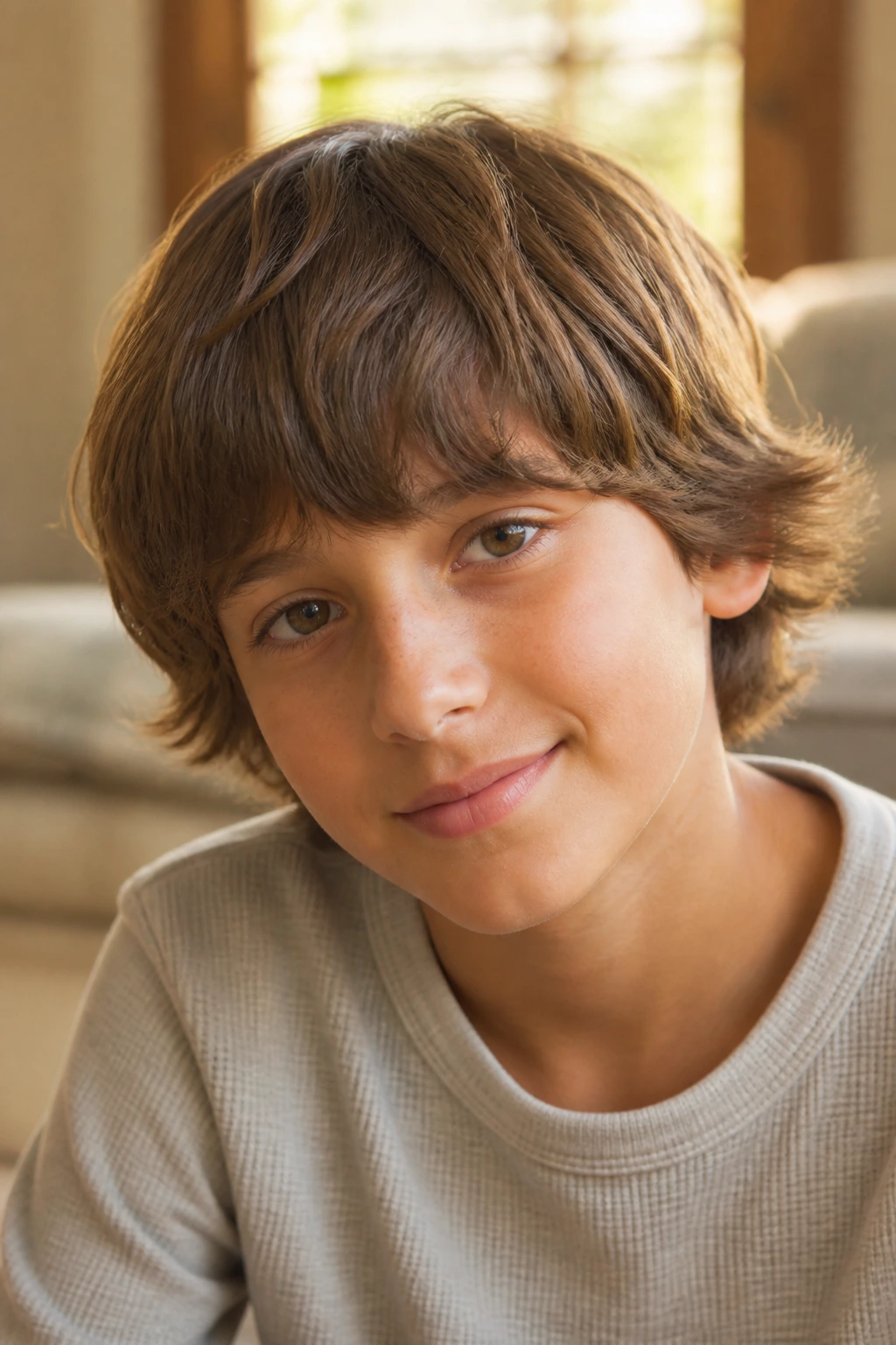 Front three-quarter portrait of a boy with a mop-top bob that softens around the ears