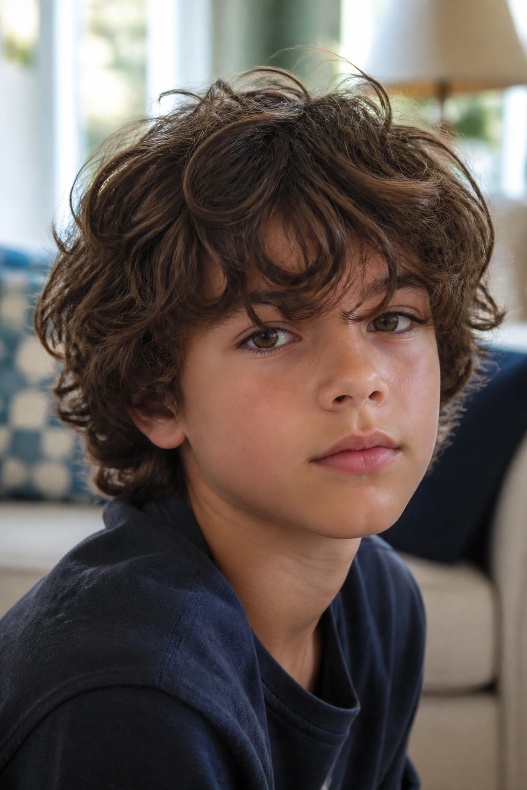 Preteen boy with mop-top curly cut, fringe forward, in natural daylight.