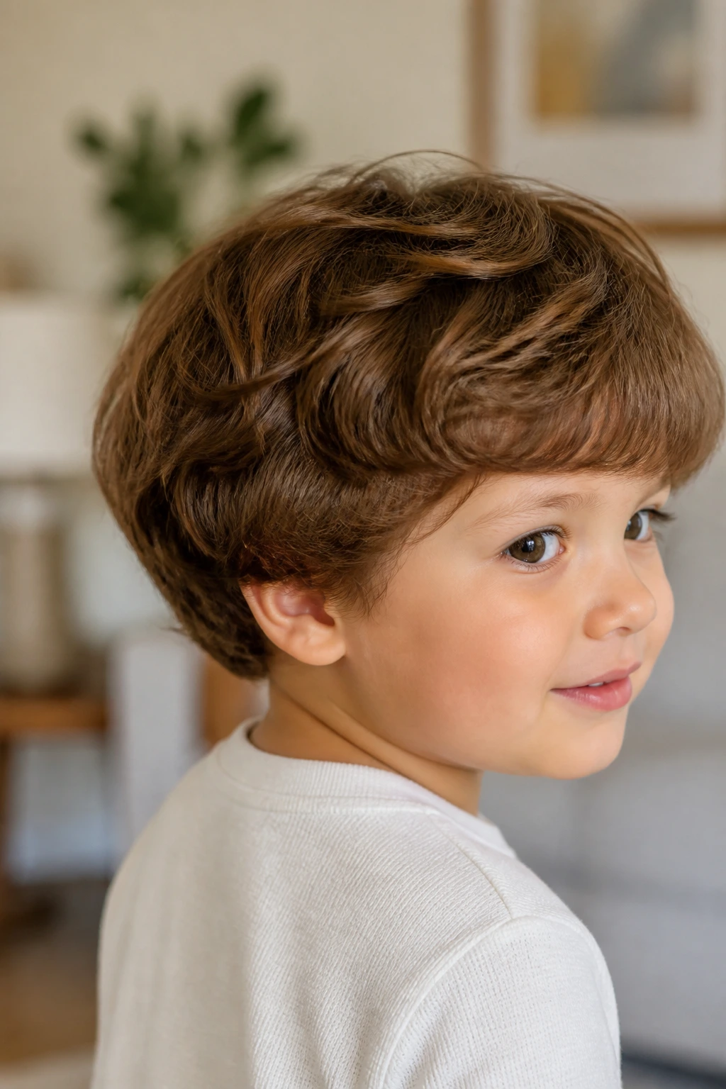 Close-up of toddler with rounded mop top and tidy nape