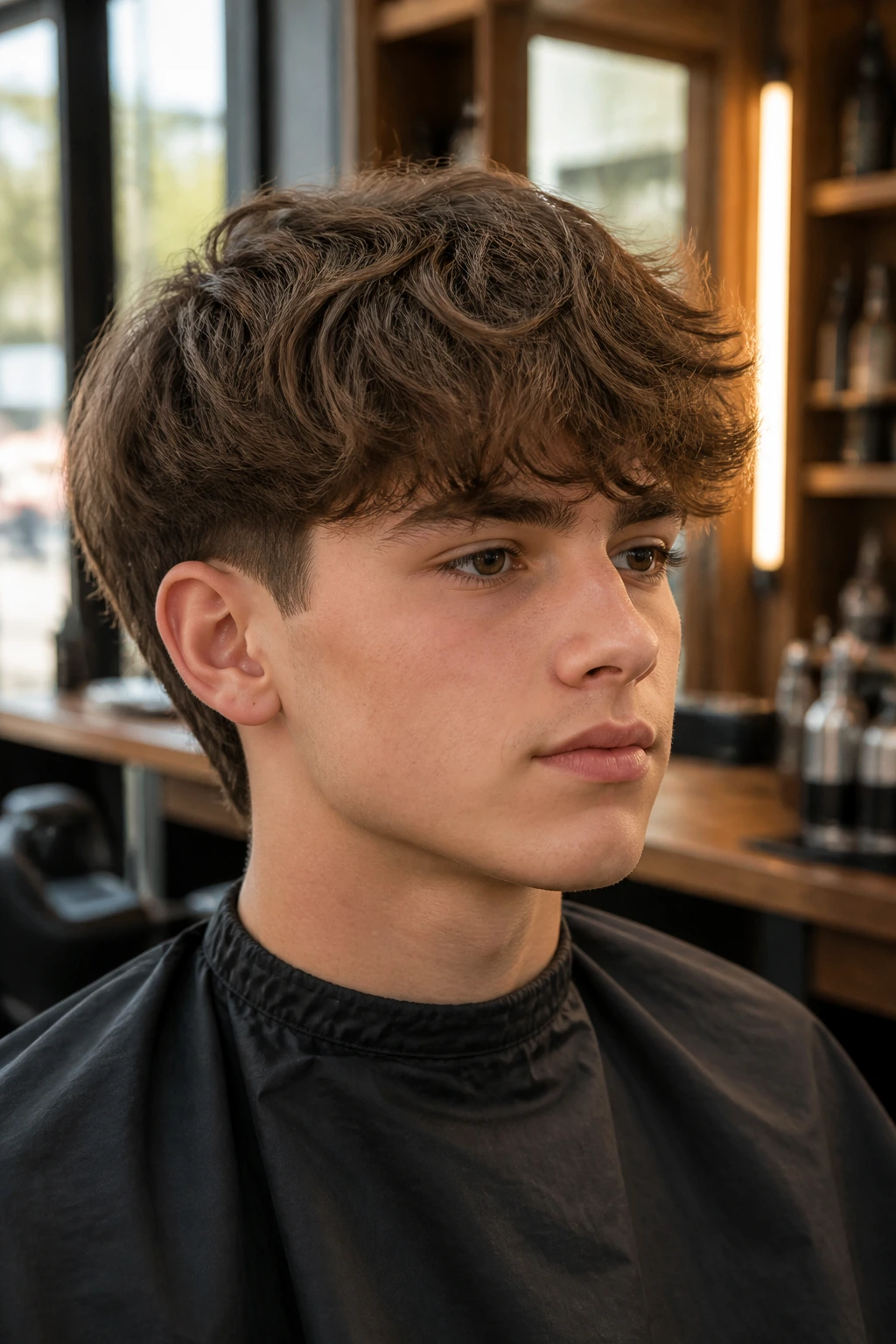 Close-up portrait of a real boy with a modern mop top hairstyle in a barber chair