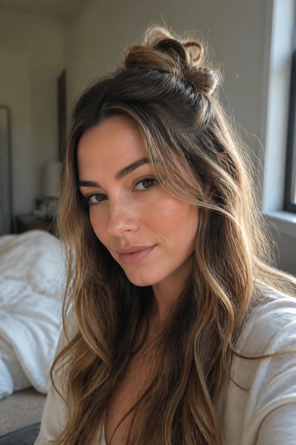 Morning-after hairstyle with loose twist and waves on real woman