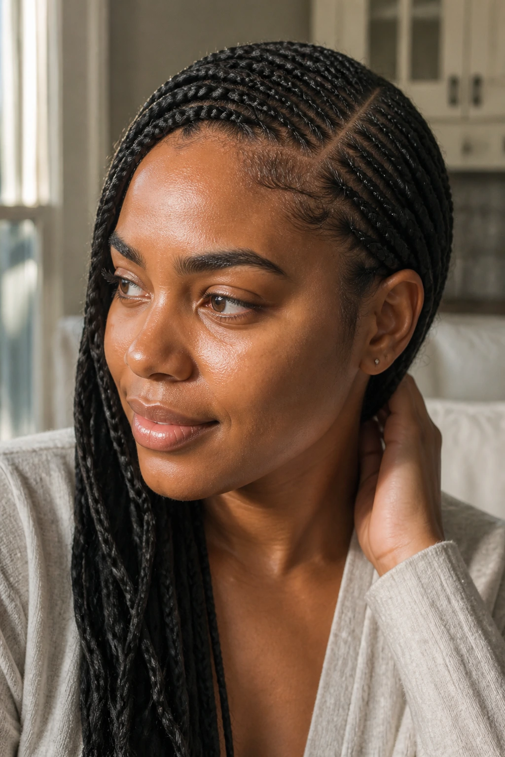 Real person with a quick side-part braid, morning-ready look.