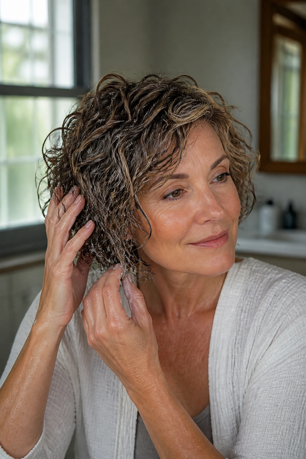 Woman with a choppy curly bob during morning routine