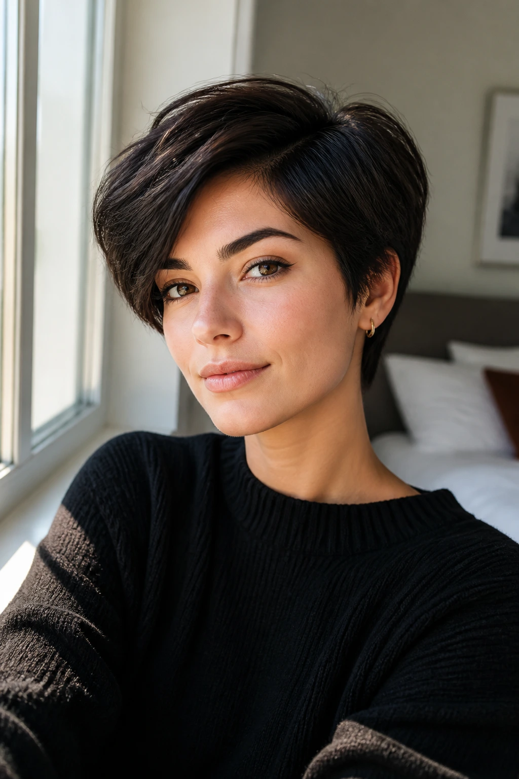 Close-up portrait of real person with neat short dark hairstyle in morning light.