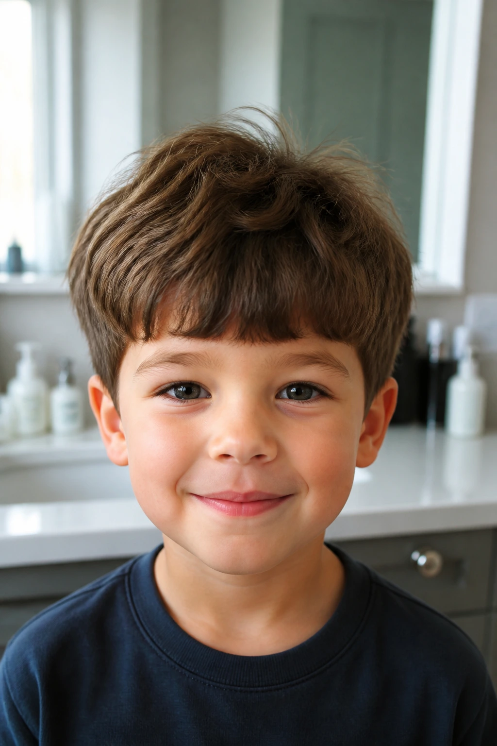 Child with tidy haircut and slight bedhead in morning light