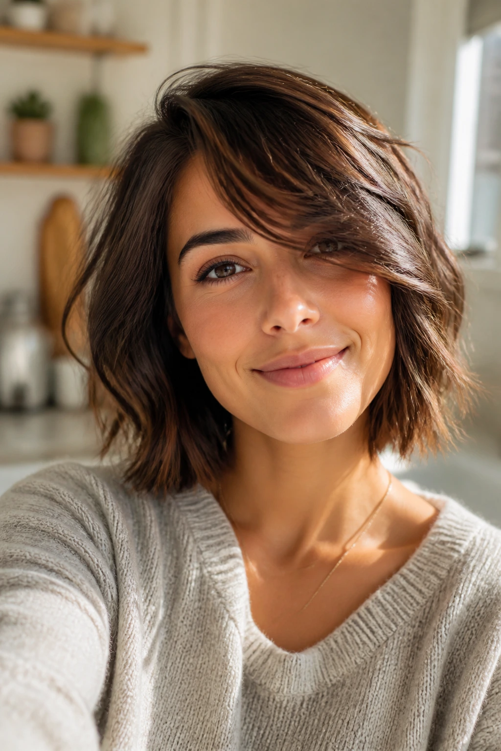 Portrait of a morning-ready person with a side-swept bangs and quick wave.