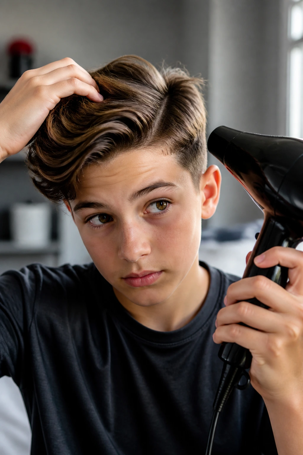 Boy performing a quick morning reset on his side-swept hair in a bedroom
