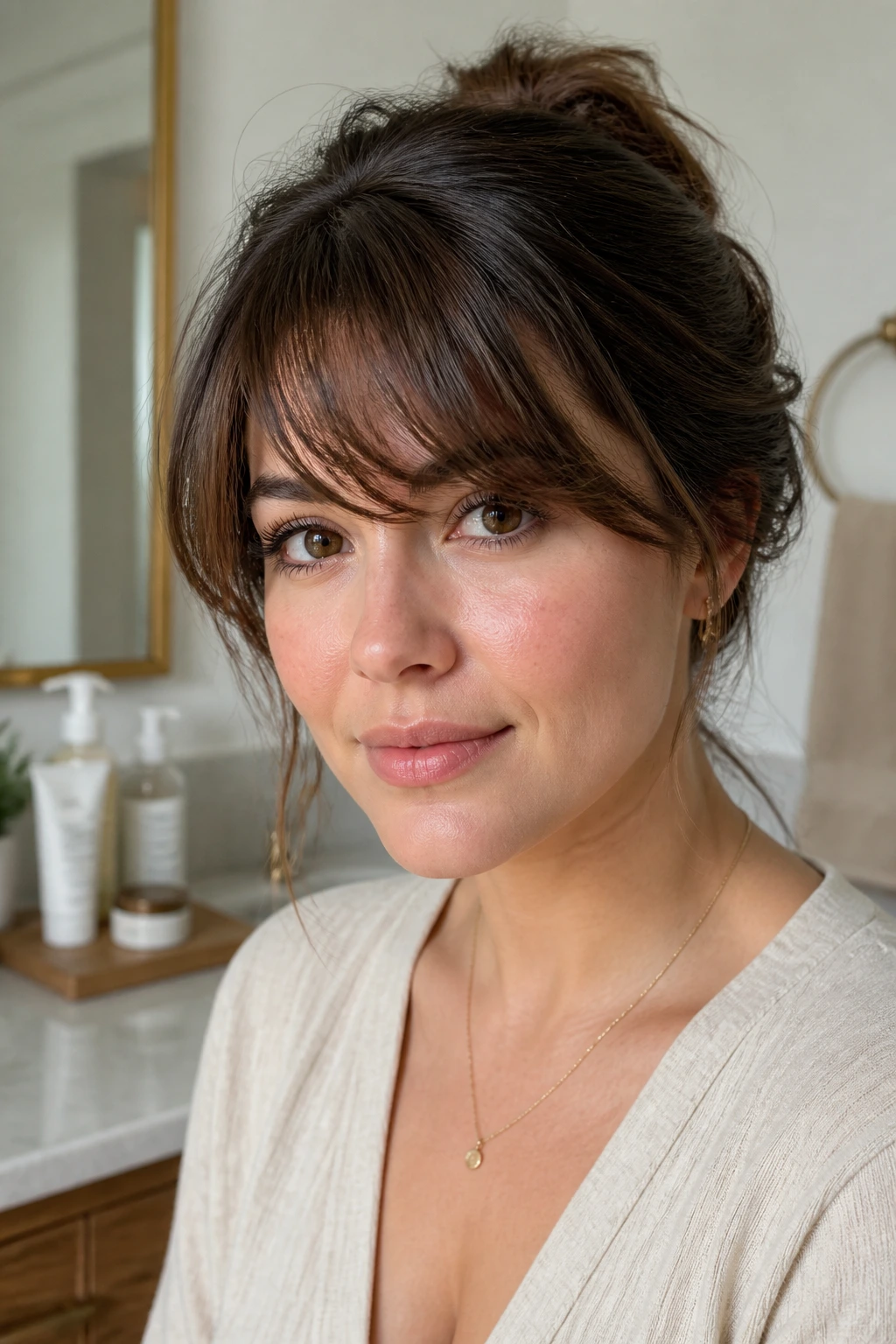 Person styling thick layered bangs in a bright morning bathroom