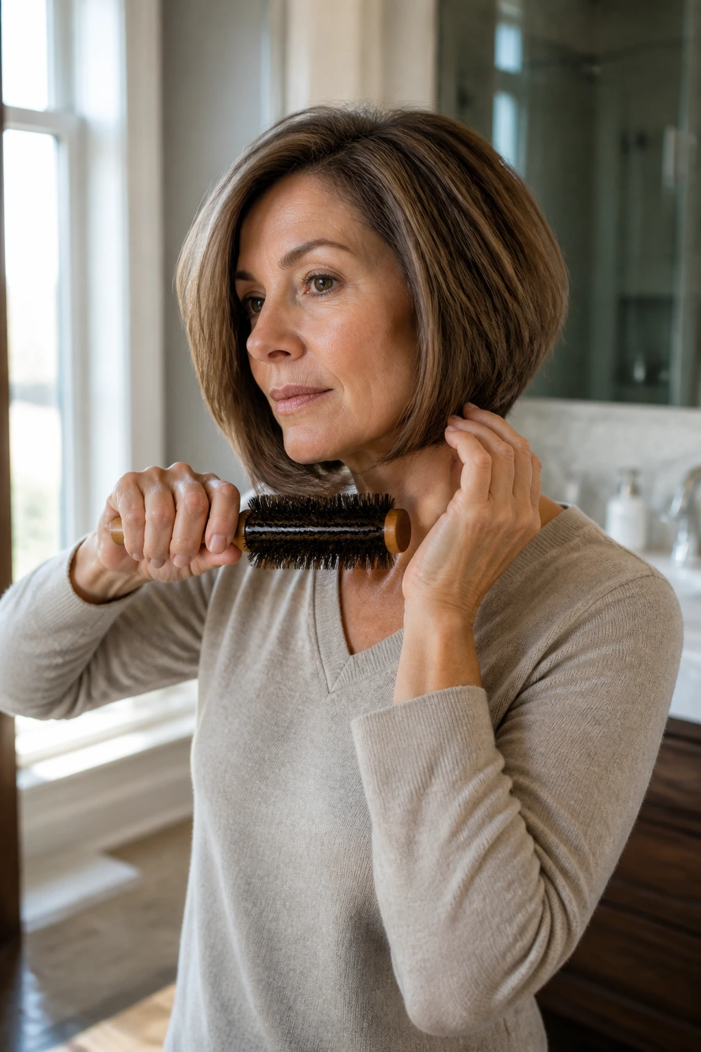 Real woman styling neck-length bob in morning light at home.